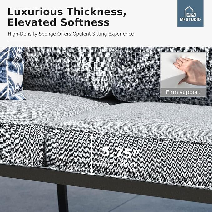 MFSTUDIO 4 Pieces Patio Conversation Sets(5 Seat),Outdoor Metal Furniture Sofas with 1 Loveseat(3 Seat), 2 Swivel Chairs,1 Coffee Table,Wrought Iron with Grey Cushion for Patio Courtyard Balcony