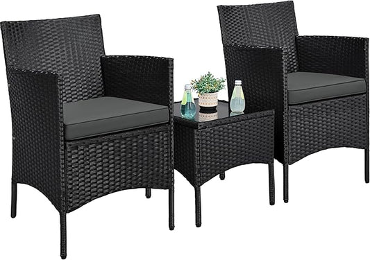 Yaheetech 3 Pieces Patio Porch Furniture Set, Outdoor PE Rattan Wicker Conversation Set with Soft Cushions, Glass Coffee Table & 2 Chairs for Garden/Deck/Courtyard/Poolside, Black/Gray