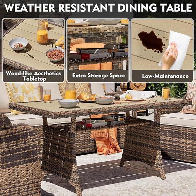 MEISSALIVVE 7 Pieces Outdoor Patio Furniture Set with Swivel Chairs, Wicker Patio Conversation Set, Patio Sectional Furniture Set with with Loveseat, 2 Ottomans and Dining Table (Brown)