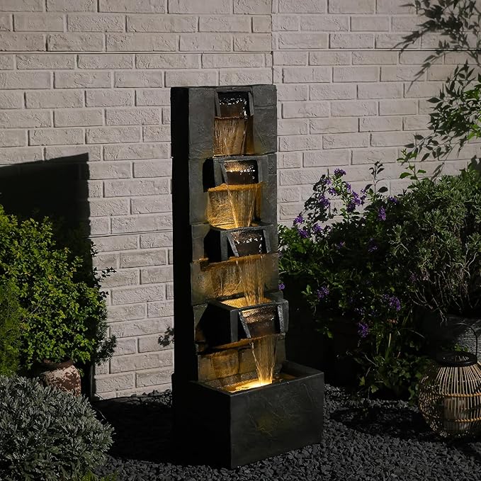 41.1" Garden Water Fountain Outdoor – 5-Tier Modern Cascading Resin Waterfall Fountain with LED Light, Mossy Stone Look, Floor-Standing Outdoor Water Feature for Patio, Yard, Deck, Home Décor