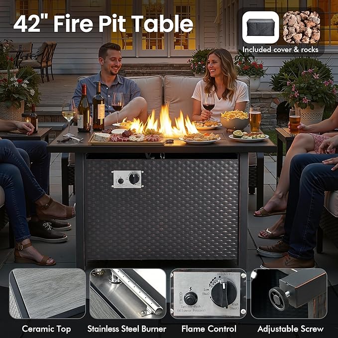 Patio Furniture Set,9 Pieces Outdoor Wicker Conversation Sets with 42 in Fire Pit Table,2 Wicker Rocking Chair & Coffee Table,Outdoor Sectional Sofa for Balcony Backyard Poolside Garden Lawn(Black)