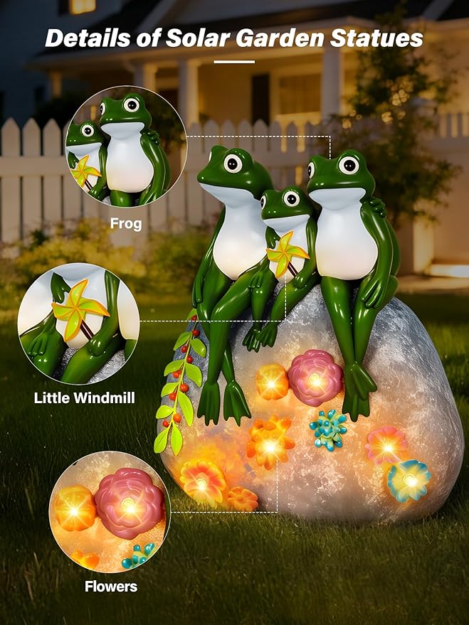 Solar Garden Statues, Outdoor Solar Frog Decor with Succulent and 6 LED Lights, Outside Yard Figurine Decor for Garden, Lawn, Patio, Balcony, Porch, Unique Gifts for Mom Grandma