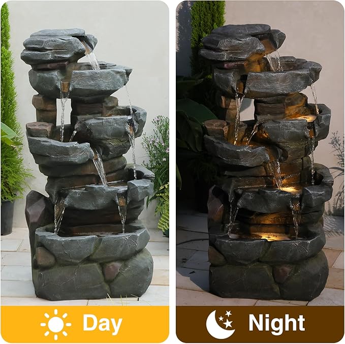 42" H Outdoor Water Fountain with 5 Tiers Large Cascading Realistic Tree Trunk Waterfall Fountains with LED Lights Outdoor Water Fountain for Garden Patio Backyard Porch Home Decor