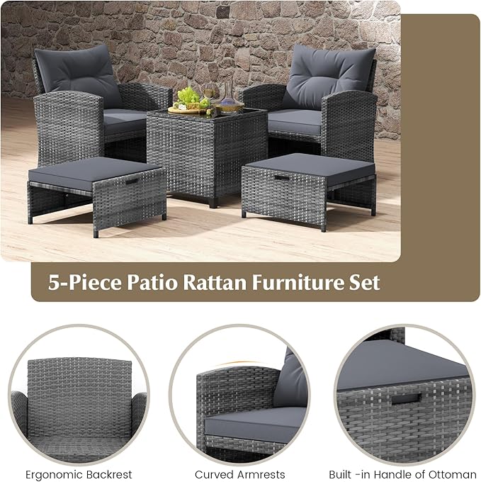 KOTEK 5 Pieces Patio Furniture Set with Ottomans, Wicker Patio Conversation Set with Coffee Table & Cushions, PE Rattan Outdoor Lounge Chairs for Backyard, Porch, Poolside (Mix Grey- Grey)