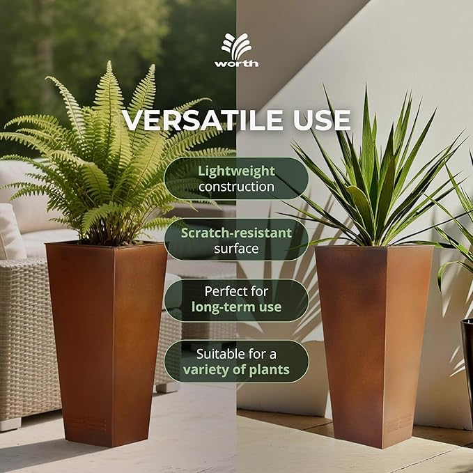 Worth 2 Pack 28" Tall Large Metal Planter, Tapered Steel Flower Pots with Insert Plate with Drain Holes & Air Vents for Indoor or Outdoor Use, Bronze