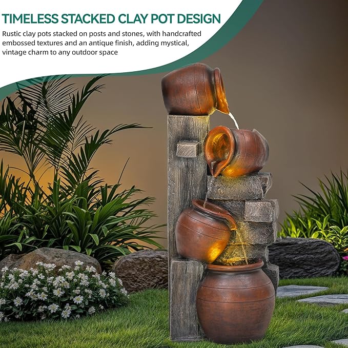 31.5" H Outdoor Water Fountain with LED Lights and Pump, Cascading Pitchers Farmhouse Garden Fountain Waterfall for Patio, Porch, or Yard