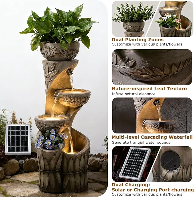 4 Tiered Solar Water Fountain Outdoor Garden, 35.6" Tall Cascading Bowl Leaf Carved Outdoor Waterfall Fountains Modern Water Feature with Dual Planters for Garden, Patio, Deck, Yard, Indoor Decor