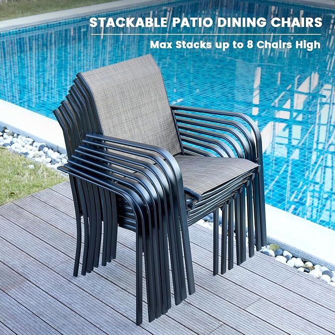 VICLLAX 11 Pieces Round Patio Dining Set, Patio Furniture Set of 10 Patio Stackable Dining Chairs and 63" Outdoor Spliced Tabletop with Umbrella Hole, Brown Chairs and Walnut Table - Image 2
