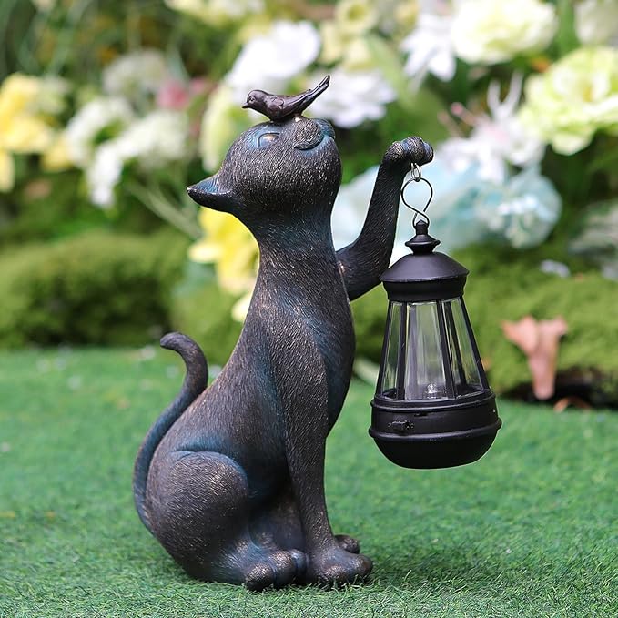 Outdoor Cat Statues Solar Garden Decor : Cat Figurine with Bird Decor,Unique Garden Art for Porch Patio Balcony Yard Lawn Ornaments - Birthday Housewarming Gifts for Grandma Mom Women