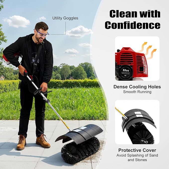 2-Stroke Lawn Sweeper, 52CC 2.3HP Gas Handheld Sweeper Artificial Grass Brush Gas Powered Broom Engine Broom Cleaner Tools with 33.8oz Fuel Tank for Sweeping Boulevards Driveways Sidewalks - Image 5