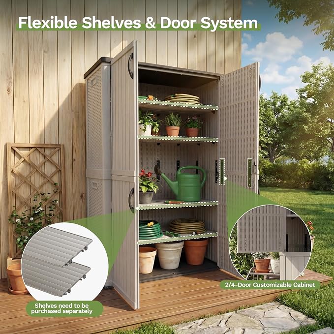 Patiowell 50 cu.ft Plastic Outdoor Storage Shed, Lockable Waterproof Resin Storage Cabinet Vertical Storage Shed for Garden Tools, Garbage Cans, Pool Supplies, Beige(Not Include Shelves) - Image 7