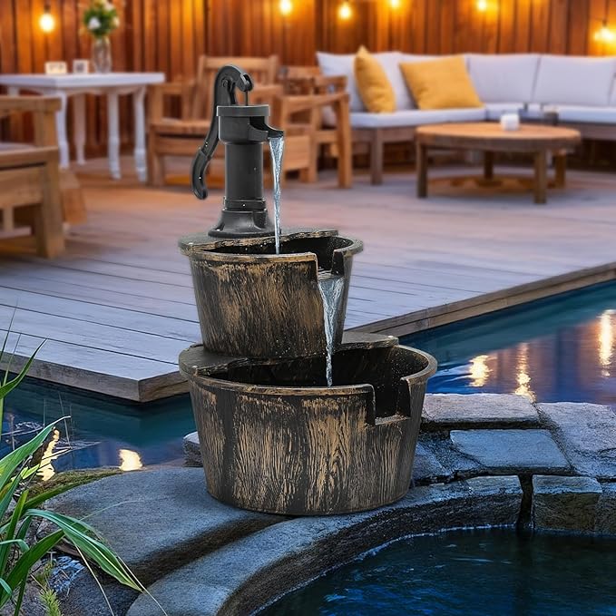 MoNiBloom Outdoor Water Fountains, 27" Tall 2-Tier Barrel and Pump Waterfall Fountain and Pump for Outdoor Patio Garden Backyard Decking, 11 L Water Capacity, Bronze