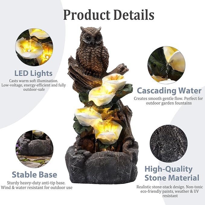 28.3" Tall Outdoor Water Fountain, 4 Tier Cascading Bowls and Stacked Water Fountain with LED Lights, for Yard Décor, Backyard, Patio and Deck (28.3'')
