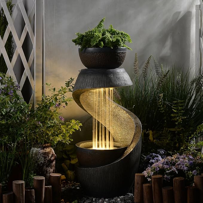 31.9" Outdoor Water Fountain with Lights, Modern S-Shaped Waterfall Fountain Garden with Bowl, Resin Outside Water Feature for Garden Patio Yard Deck Balcony, Indoor Outdoor Water Fountains