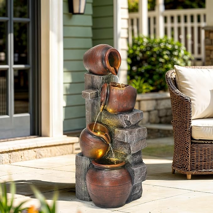 31.5" H Outdoor Water Fountain with LED Lights and Pump, Cascading Pitchers Farmhouse Garden Fountain Waterfall for Patio, Porch, or Yard