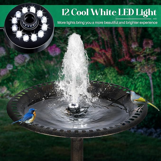 Bird Bath Fountains with 12 LED Lights, 24 Hour Working Fountain Pump with Light, Adjustable Watering Submersible Pump for Outdoor Water Garden, Pond(Cool White)