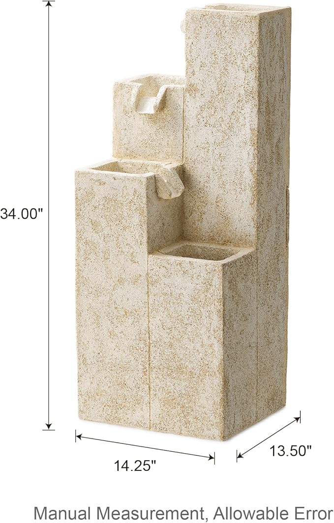 Glitzhome 34" H Outdoor Water Fountain with LED Light and Pump, 4-Tier Vintage Faux Terrazzo Geometric Square Column Polyresin Outdoor Floor Standing Fountain for Porch Deck Patio Backyard