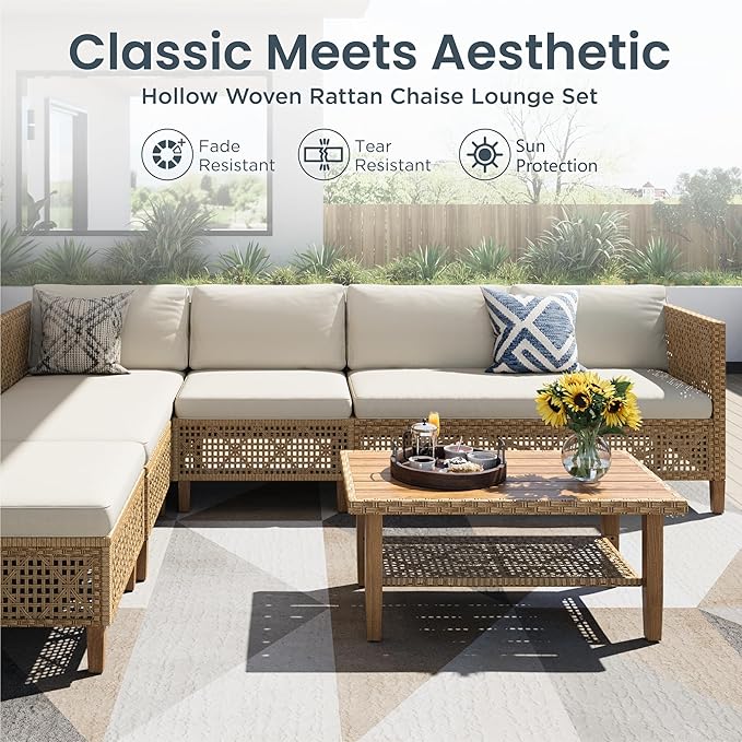 PHI VILLA 6 Seats Outdoor Sectional Sofa with Cushions and Acacia Wood Coffee Table, Patio Conversation Set for Garden, Backyard or Balcony, Beige