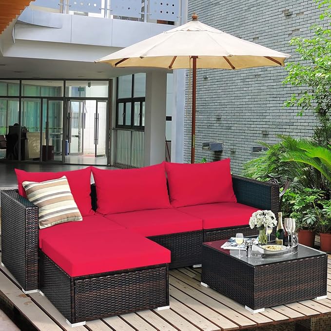 Tangkula 5 Piece Outdoor Patio Furniture Set, Sturdy Frame and Weight Capacity Up to 360 Pounds, Wicker Sectional Sofa Set with Glass Top Coffee Table, Porch Garden Poolside Furniture for 4 (Red)