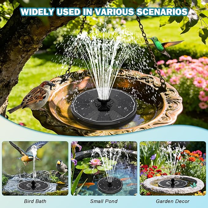 SZMP Solar Fountain for Bird Bath Spraying Water on Cloudy Day, Solar Water Fountain Pump Outdoor Garden 3.5W Black Glass Panel with 2000mAh Battery Replaceable Nozzles