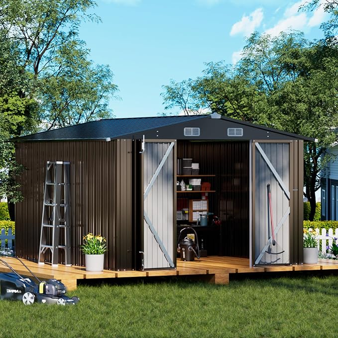 COMHOMA Shed Outdoor Storage Shed Metal,Lockable Doors Tool Sheds with Sloping Roof,Steel Garden Shed with Air Vent for Backyard,Patio,Lawn,Poolside (Brown, 10'x12') by ComHoma