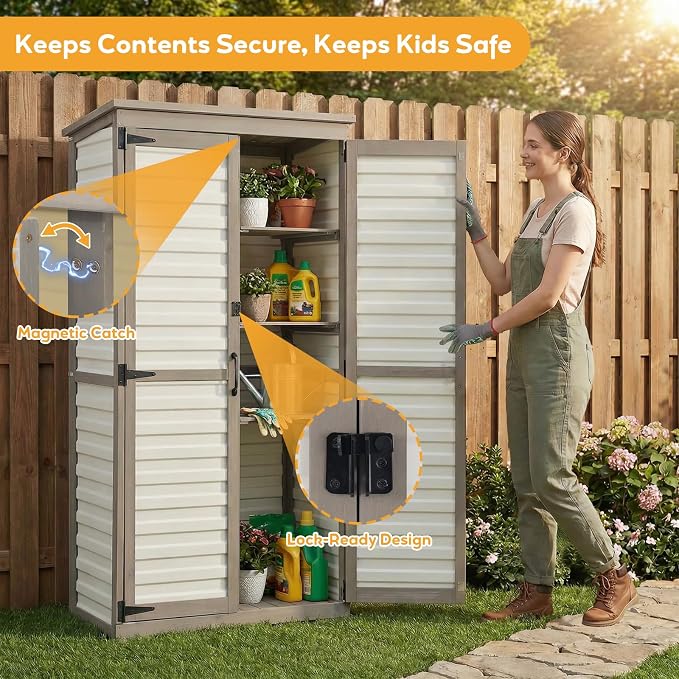 Outdoor Storage Cabinet with Shelves, Lockable Garden Shed, Wood & Plastic Weatherproof Outside Tool Cabinet for Patio, Backyard, Balcony White - Image 4