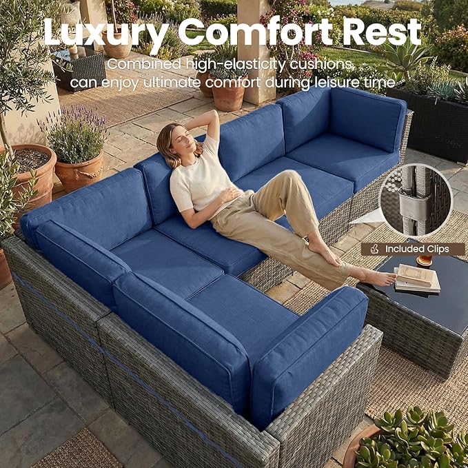 10 Pieces Patio Furniture Set with 44" Propane Gas Fire Pit Table, Outdoor Sectional Wicker Conversation Sofa Sets with Coffee Table