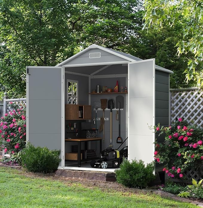 Devoko 6 x 4 FT Plastic Outdoor Storage Shed with Floor, Resin Tool Shed with Window, Outside Waterproof Garden Shed with Lockable Door for Patio, Backyard, Poolside, Light Grey - Image 6