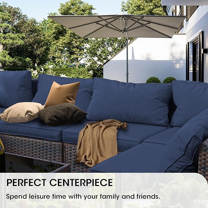 Grezone 15 Piece Patio Furniture Set with 44" Fire Pit Table, Outdoor Sectional Couch, PE Rattan Patio Conversation Sets with 4inch Cushions for Backyard Deep Blue