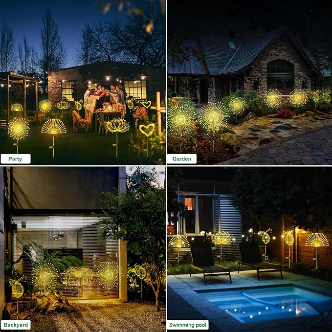 Solar Garden Lights Outdoor Waterproof, 2 Pack 120 LED Solar Firework Lights Decorative Garden D??cor Outside for Flowerbed Pathway Party Christmas Decoration, Warm White