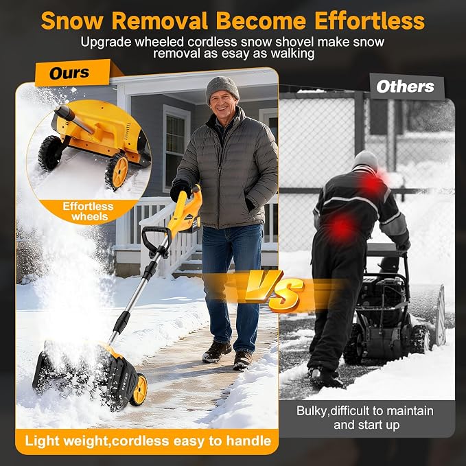 17-Inch Cordless Snow Shovel with Wheels, 9000mAh Brushless Electric Snow Blower Battery Powered, 26Ft Snow Thrower Distance&Adjustable Plate, Snow Removal for Driveway Deck Sidewalks - Image 2