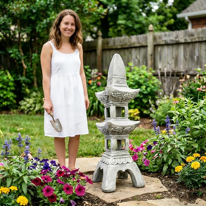 35.5’’High Asian Zen Pagoda Magnesium Oxide Tall Lantern Statue Outdoor Sculpture for Garden Backyard Decor Pagoda Statue Miniature Tower Lantern Landscape Garden Decoration