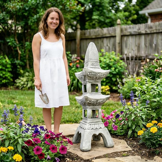 35.5’’High Asian Zen Pagoda Magnesium Oxide Tall Lantern Statue Outdoor Sculpture for Garden Backyard Decor Pagoda Statue Miniature Tower Lantern Landscape Garden Decoration