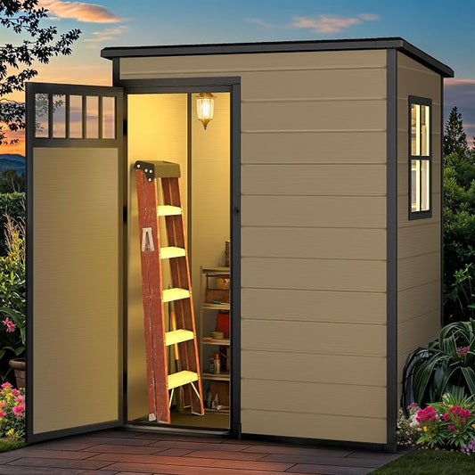 DWVO 5x3FT Outdoor Storage Shed, All-Weather Resin Plastic Storage Shed with Windows, Slanted Roof, Raised Floor, 65 cu.ft Capacity for Garden Tools & Equipment, Ideal for Backyard & Garden, Brown by DWVO