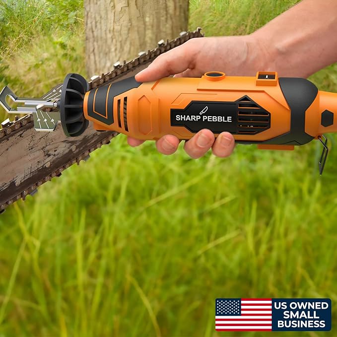 Sharp Pebble Electric Chainsaw Sharpener Kit - Comes with Chain Saw Sharpener Tool, 4 File Size Sharpening Wheel Bits, Angle Attachment, Wrench & eBook - Image 7