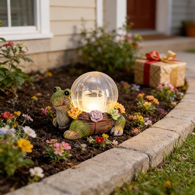 Mini Solar Turtle Statue Lights for Garden Decor with LED Outdoor Figurine Lighting Resin Succulent Tortoise Decorations for Patio Lawn Yard Home Valentine Mom Wowen Gifts