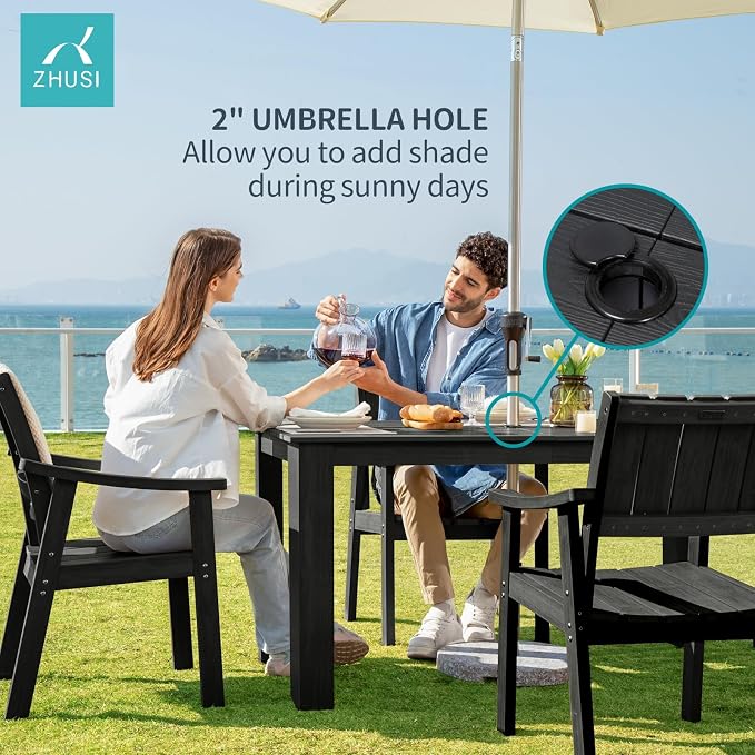 ZHUSI Patio Table and Chairs Set, Outdoor Table and Chairs,HDPE Outdoor Dining Set with Umbrella Hole for Backyard, Poolside, Porch (Black, 7 PC) - Image 5