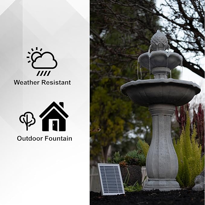XBrand 44" H White Fiberglass/Resin 2-Tier Solar Water Feature w/Auto-Off Pump - Tall Outdoor Birdbath Fountain