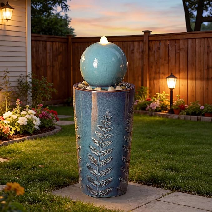 29.5" H Ceramic Sphere Water Fountain with LED Light, Modern Nature-Inspired Design, Teal Blue Glaze with Leaf Patterns & Decorative Pebbles, Soothing Water Feature for Patio, Yard or Garden