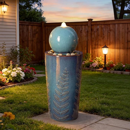 29.5" H Ceramic Sphere Water Fountain with LED Light, Modern Nature-Inspired Design, Teal Blue Glaze with Leaf Patterns & Decorative Pebbles, Soothing Water Feature for Patio, Yard or Garden
