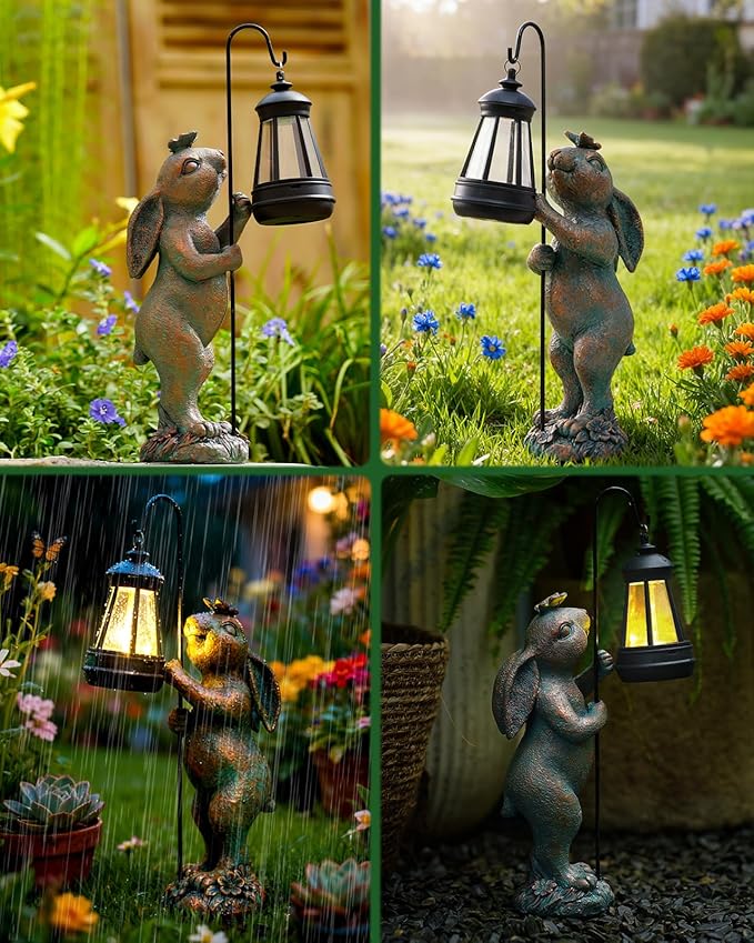 Garden Statues Outdoor Bunny with Solar Lantern – Rabbit Yard Decor, Waterproof Resin Figurine Pathway Light for Lawn & Patio