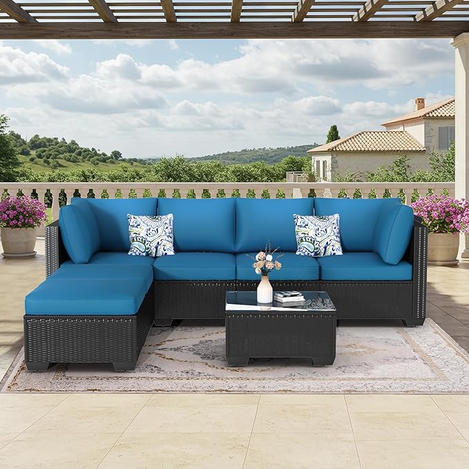 U-MAX 7 Piece Outdoor Patio Furniture Set with Extra 43 Inch Fire Pit Table, PE Rattan Wicker Sofa Set, Outdoor Sectional Furniture Chair Set with Tea Table, Black Rattan and Peacock Blue Cushion