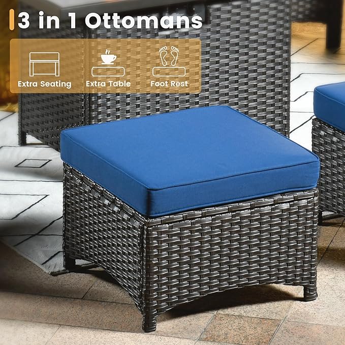 HOOOWOOO Patio Furniture Set,7 Piece Outdoor Furniture Set,Wicker Patio Conversation Couch Chairs Ottoman Set,Navy Blue