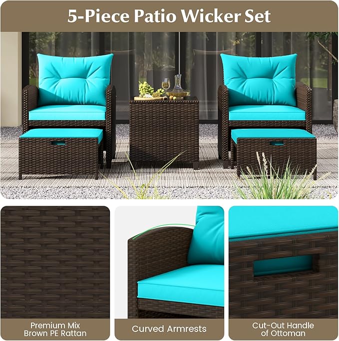 KOTEK 5 Pieces Patio Furniture Set with Ottomans, Wicker Patio Conversation Set with Coffee Table & Cushions, PE Rattan Outdoor Lounge Chairs for Backyard, Porch, Poolside (Mix Brown- Turquoise)