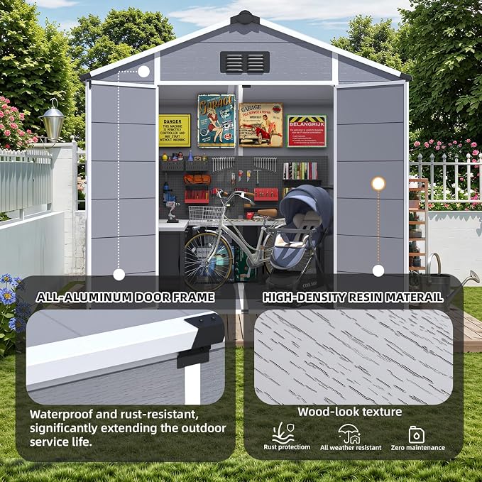 MELLCOM 8 x 8 FT Resin Outdoor Storage Shed with Floor, Storage Tool Shed with Windows and Lockable Door, Resin Garden Shed for Lawnmower, Bike, Pool Supply - Image 6