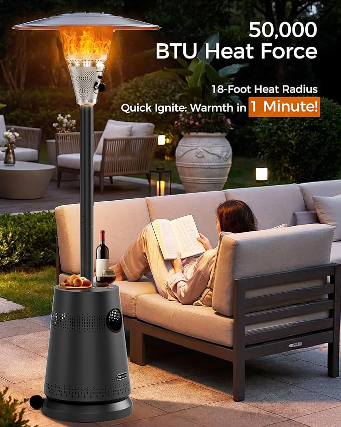 50,000 BTU Patio Heater for Outdoor Use, Portable Propane Patio Heater with Wheels, Stainless Steel Burner for Porch, Deck, Garden, Commercial (Black)