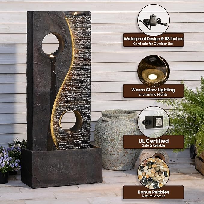 47 inches Outdoor Water Fountain Garden Waterfall Indoor Large Water Feature Freestanding Fountains with LED Strips, Three spouts for Patio Backyard Deck Porch Home Decor, Dark Gray