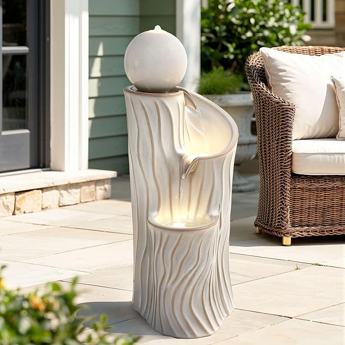 32" H Ceramic Outdoor Water Fountain with LED Lights, 3-Tier Cascading Sphere Water Feature, Tranquil Waterfall for Relaxing Garden, Patio, Yard, or Porch, Beige Glaze, Dynamic Wave-Texture