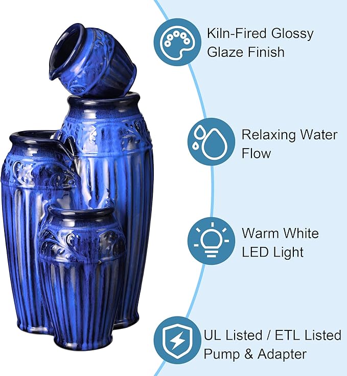 Glitzhome Water Fountain Outdoor with LED Lights, 4-Tier Ceramic Pots Outdoor Water Fountain, Embossed Pattern Cascading Water Feature for Garden Patio Backyard, Cobalt Blue, 27.25" H