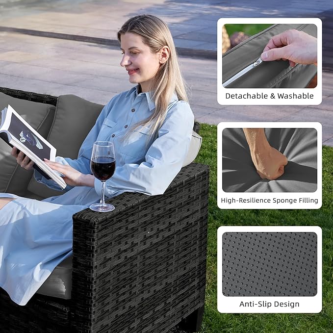 UDPATIO Patio Furniture Set with Fire Pit Table, Rocking Swivel Chairs, 5 Pieces Outdoor Furniture Sets, All-Weather Wicker Outdoor Sectional Sofa with Waterproof Cover, 4'' Thickened Cushion, Grey